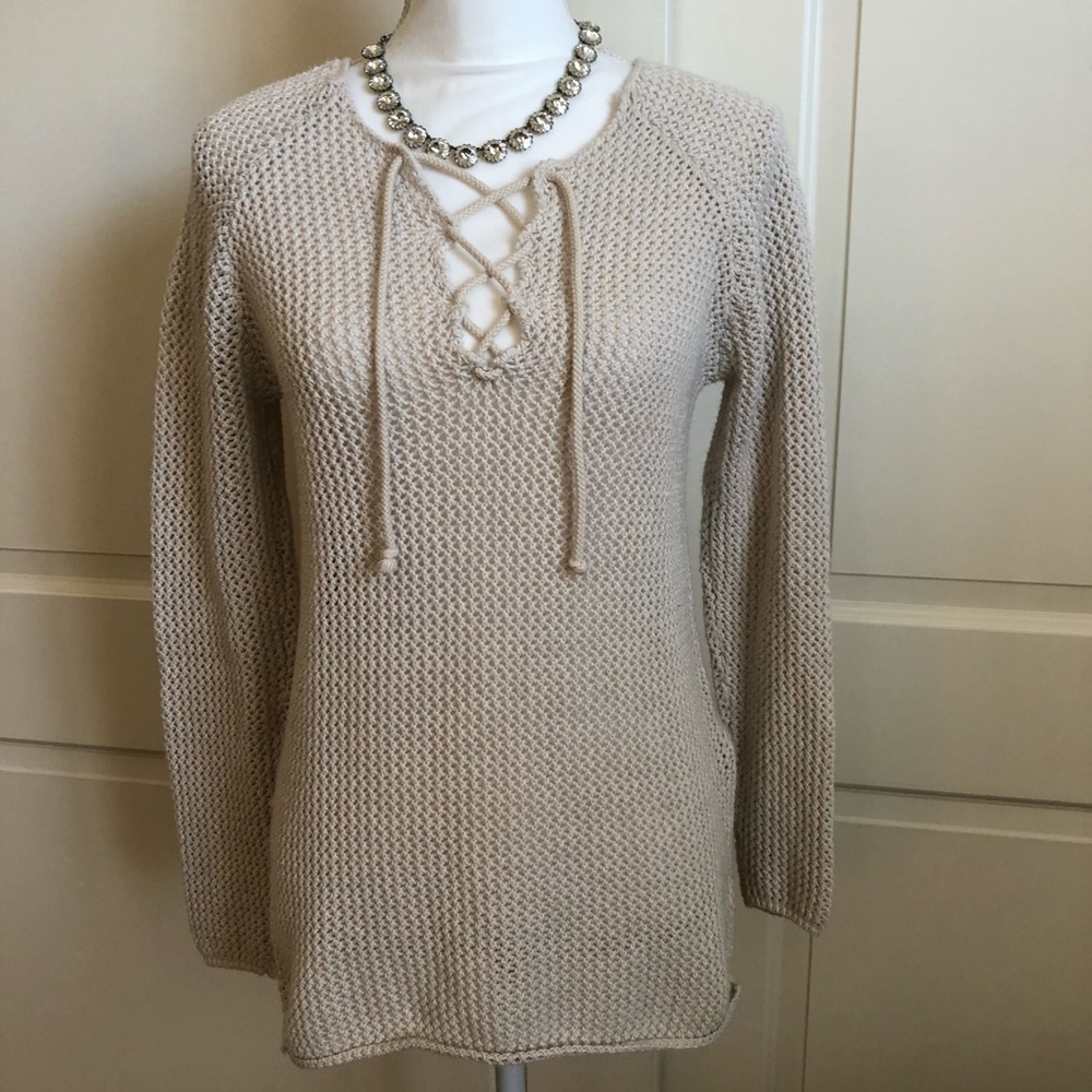a.M Neutral Beige Open Knit Weave Sweater
